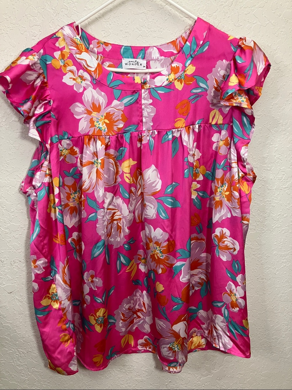 Bright Pink Floral Ruffle-Trim Blouse